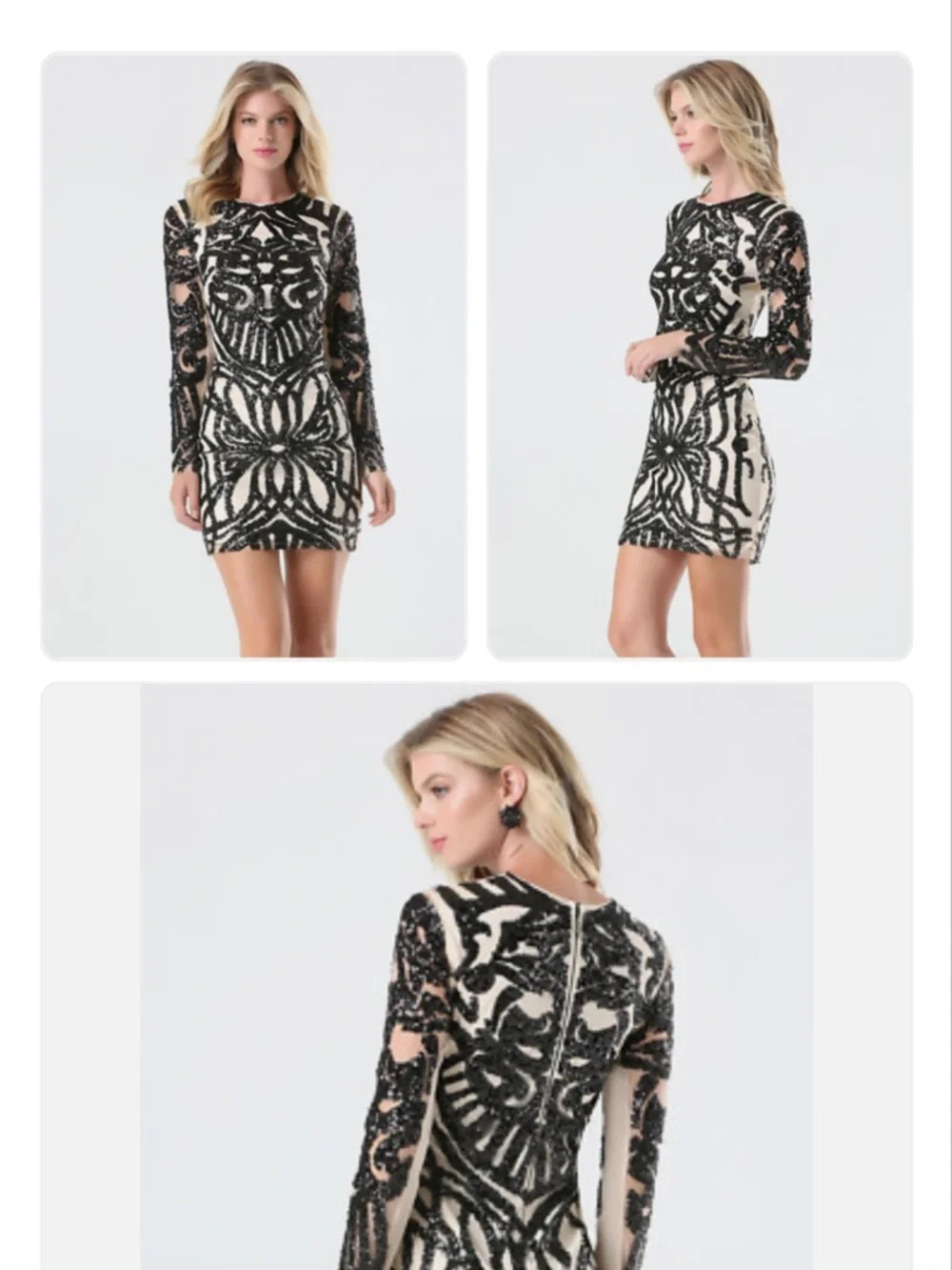 bebe Black and Ivory Sequin Mesh Long Sleeve Mini Dress - Picture 2 of 6